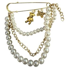 Vintage Pearl and Gold Charm Safety Pin Brooch - White Pearls